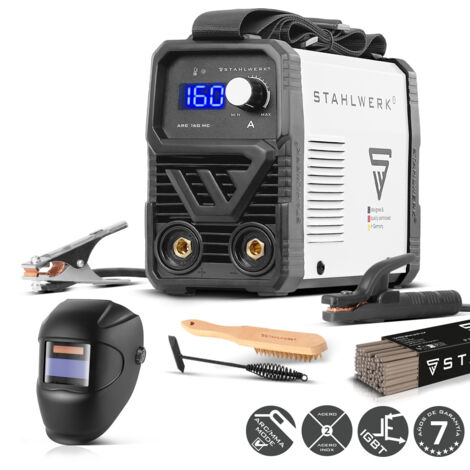 STAHLWERK Soldadora de electrodos ARC 160 MD – Equipo completo – MMA (Electrodo), 160 A, uso flexible sin gas, compacta y ligera, ampliable a DC TIG, Hotstart, Anti-Stick, refrigeración inteligente