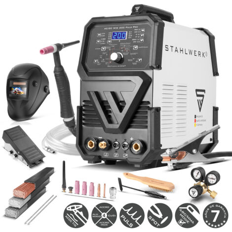 STAHLWERK Soldador AC/DC TIG 200 Puls Pro – Equipo completo – Inverter IGBT combinado con 200 A, función MMA (Electrodo/ARC), función de pulso, memoria de trabajos, Anti-Stick, aluminio y chapa fina