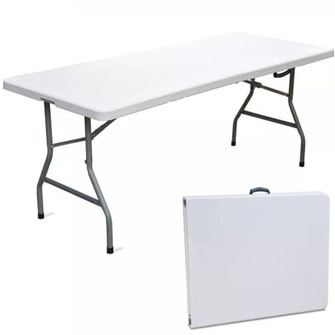 Tavolo Pieghevole Richiudibile a Valigetta in Resina 181x74x74 cm adatto per Campeggio, Eventi, Giardino, Feste, Sagre, Mare Rettangolare Metallo Bianco (1/5)