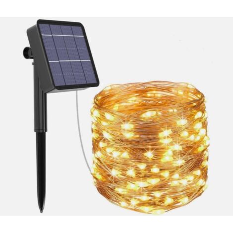 LUCI DI NATALE STRISCIA NATALIZIA CATENA LUMINOSA A LED DA ESTERNO CON PANNELLO ENERGIA SOLARE CON PICCHETTO - BOBINA DA 10 METRI CON 100 LED CON COLORE LUCE 3000K BIANCO CALDO (GIALLO) IP65 (1/3)