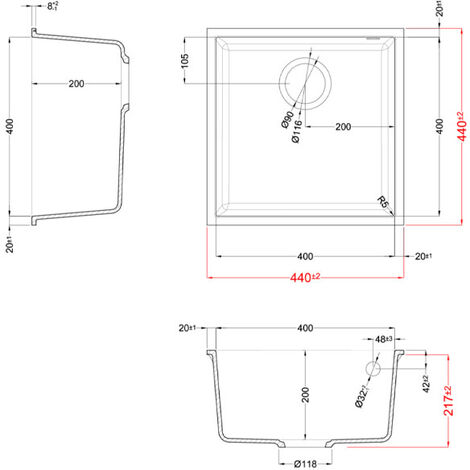 Lavello Elleci Incasso 1 vasca 44x44 Quadra 102 Sottotop Granitek Antracite LGQ10259BSO