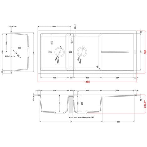 Lavello Elleci Incasso 2 vasche 116x50 Unico 500 Granitek Nero LGU50040