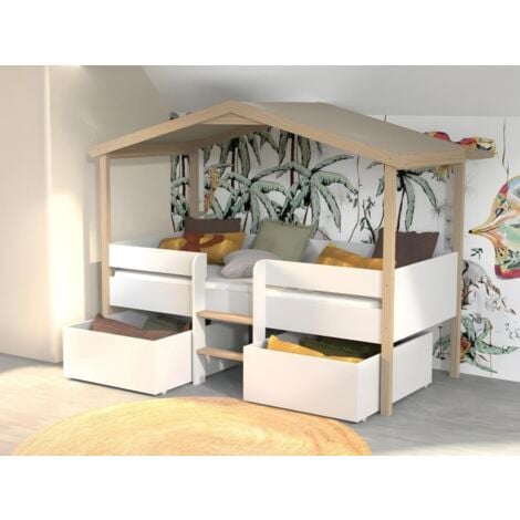 Lit Cabane Enfant Jardin Secret 90x190 Sommier + 2 Tiroirs Blanc Et ...