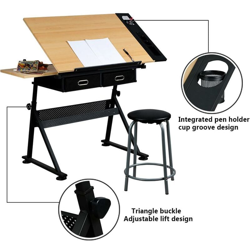 Yaheetech Adjustable Height Art Drawing Desk Tiltable Tabletop Drafting Board Craft Table with Storage Drawers & Stool 