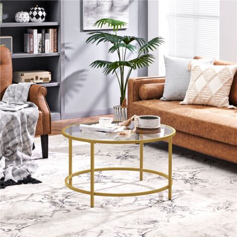 Yaheetech Tempered Glass Round Coffee Table with Protective Foot Pads, Mustard Gold