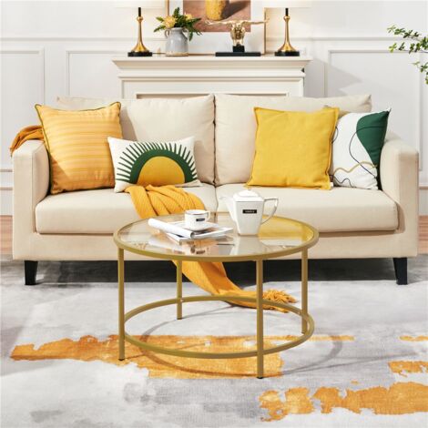Yaheetech Tempered Glass Round Coffee Table with Protective Foot Pads, Mustard Gold