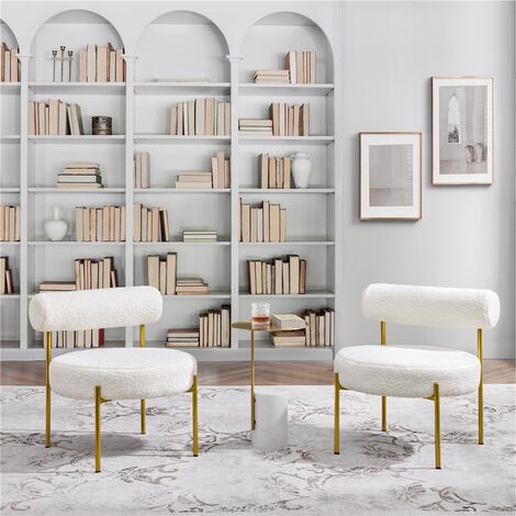 Yaheetech Boucle Accent Chair Side Chair with Round Padded Seat and Gold Metal Legs, White