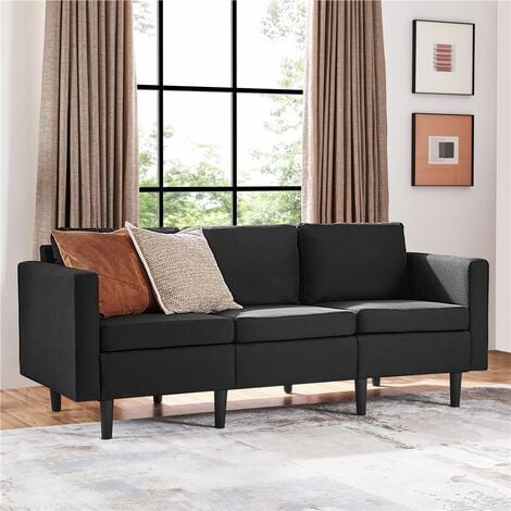 Yaheetech Contemporary 3-Seater Sofa Linen Fabric Upholstered Couch Sofa, Black