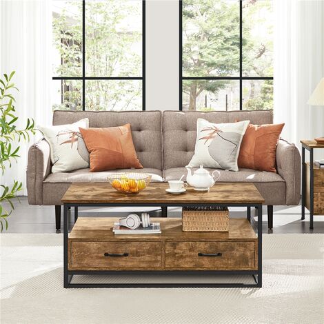 Yaheetech Vintage Metal Frame Coffee Table with Open Storage Shelves and 2 Drawers, Rustic Brown
