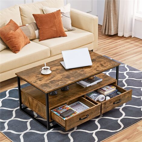 Yaheetech Vintage Metal Frame Coffee Table with Open Storage Shelves and 2 Drawers, Rustic Brown