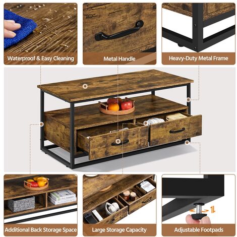 Yaheetech Vintage Metal Frame Coffee Table with Open Storage Shelves and 2 Drawers, Rustic Brown