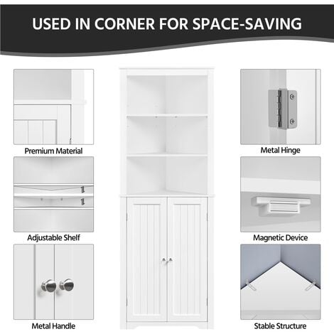 Yaheetech 163cm Tall Corner Cabinet, Corner Shelving Unit, Freestanding Bathroom Cabinet, White