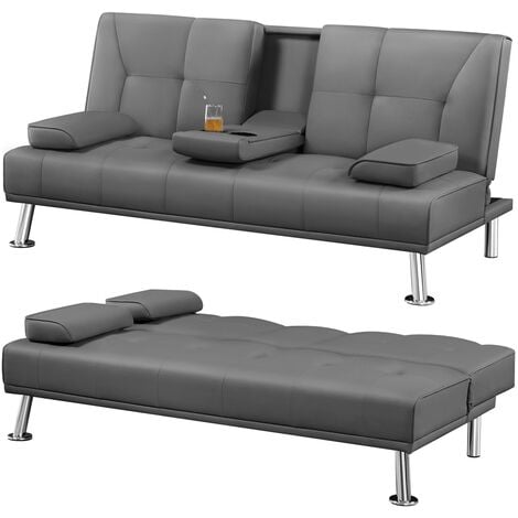 Yaheetech Click Clack Sofa Bed 3 Seater Couch Living Room Spare Guest Settee With Cup Holders Dark Gray