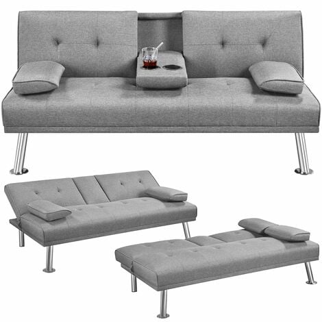 Yaheetech Click Clack Sofa Bed 3 Seater Sofa Couch Living Room/Spare Room/Guest Room Bed Settee With Cup Holders, Light Gray