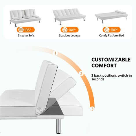 Yaheetech Click Clack Sofa Bed 3 Seater Sofa Couch Living Room/Spare Room/Guest Room Bed Settee With Cup Holders, White