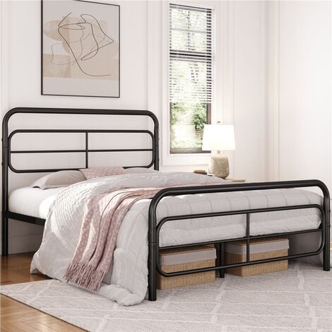 Yaheetech 4ft6 Double Modern Bed Frame Metal Platform Bed with Geometric Patterned Headboard, Black