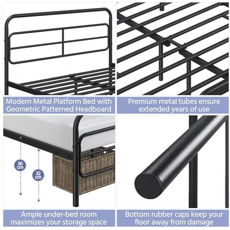 Yaheetech 4ft6 Double Modern Bed Frame Metal Platform Bed with Geometric Patterned Headboard, Black
