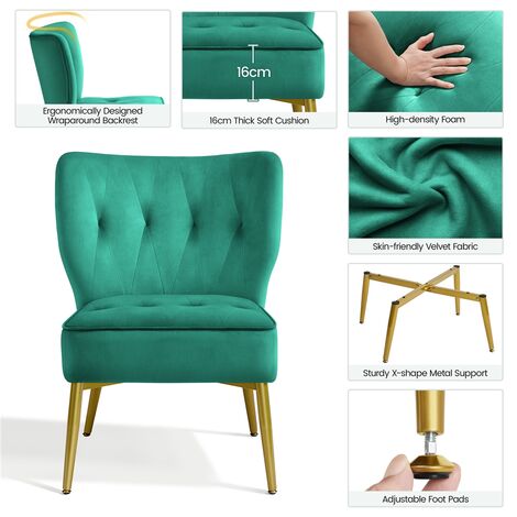 Yaheetech Velvet Tufted Accent Chair with Golden Legs, Armless Living Room Chair, Green