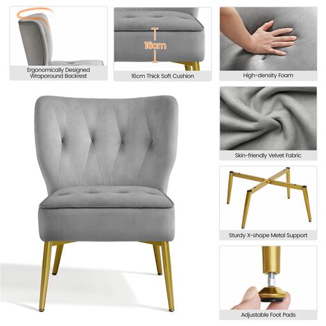 Yaheetech Velvet Tufted Accent Chair with Golden Legs, Armless Living Room Chair, Grey