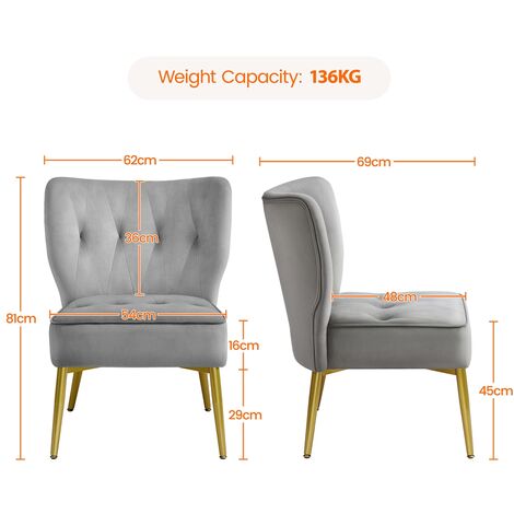Yaheetech Velvet Tufted Accent Chair with Golden Legs, Armless Living Room Chair, Grey