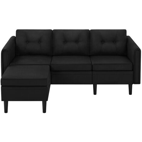 Yaheetech 3-Seater Sofa with Ottoman, Fabric Upholstered Corner Sofa For Living Room, L-shaped Chaise Lounge Sofa, Black