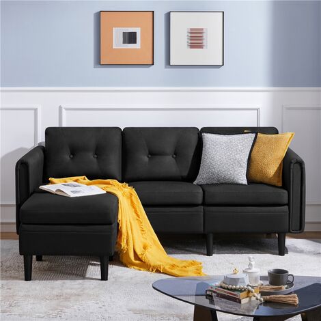 Yaheetech 3-Seater Sofa with Ottoman, Fabric Upholstered Corner Sofa For Living Room, L-shaped Chaise Lounge Sofa, Black