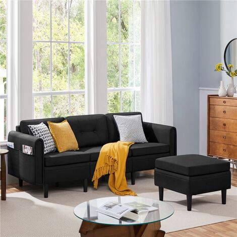 Yaheetech 3-Seater Sofa with Ottoman, Fabric Upholstered Corner Sofa For Living Room, L-shaped Chaise Lounge Sofa, Black