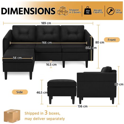 Yaheetech 3-Seater Sofa with Ottoman, Fabric Upholstered Corner Sofa For Living Room, L-shaped Chaise Lounge Sofa, Black
