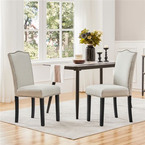 Yaheetech Set of 2 Modern Fabric Upholstered Dining Chairs Elegant Design Kitchen Chairs with Nailhead Trim, Beige