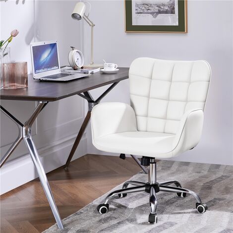 Yaheetech Faux Leather Desk Chair with Padded Armrests Modern Mid-back Office Chair, White