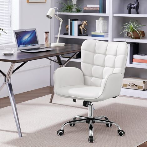 Yaheetech Faux Leather Desk Chair with Padded Armrests Modern Mid-back Office Chair, White