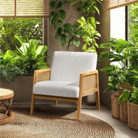 Yaheetech Fabric Upholstered Accent Chair with Rattan Sides, Ivory