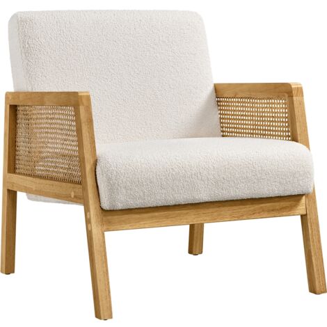 Yaheetech Fabric Upholstered Accent Chair with Rattan Sides, Ivory
