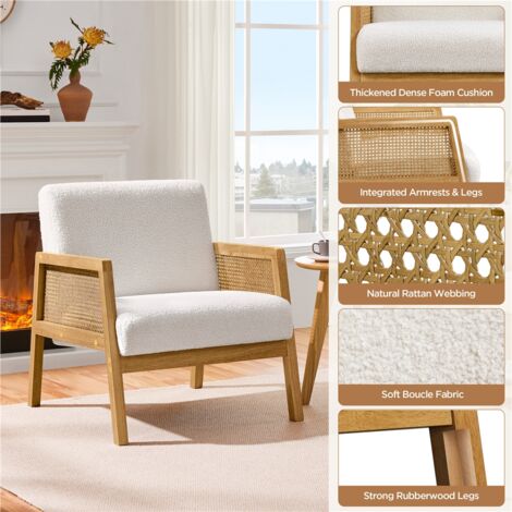 Yaheetech Fabric Upholstered Accent Chair with Rattan Sides, Ivory