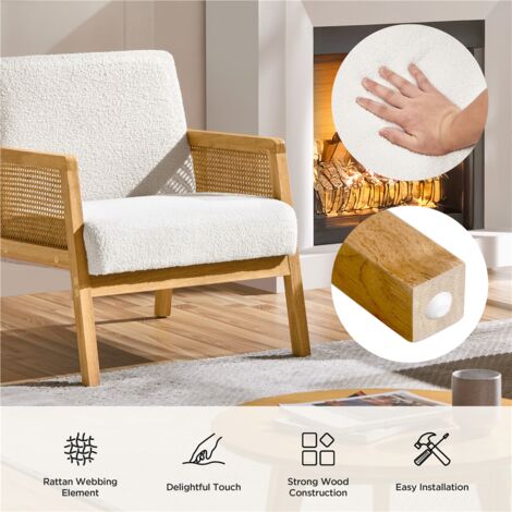 Yaheetech Fabric Upholstered Accent Chair with Rattan Sides, Ivory