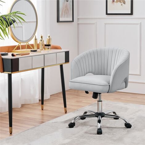 Yaheetech Home Office Chair with Tufted Barrel Back, Rolling Wheels,Velvet Accent Armchair, Light Gray