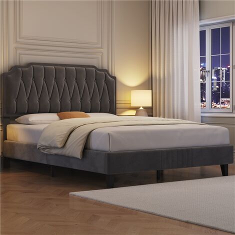 Yaheetech 4ft6 Double Upholstered Bed Frame with Button-Tufted Headboard, Dark Gray