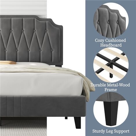 Yaheetech 4ft6 Double Upholstered Bed Frame with Button-Tufted Headboard, Dark Gray