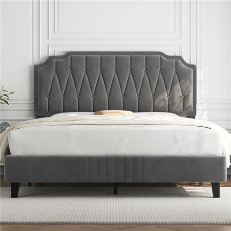 Yaheetech 4ft6 Double Upholstered Bed Frame with Button-Tufted Headboard, Dark Gray