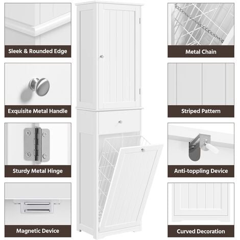 Yaheetech Freestanding Bathroom Cabinet with Laundry Basket Bathroom Cabinet Organizer, White