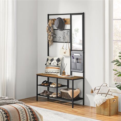 Yaheetech Six-in-one Hall Tree with Shoe Storage Bench/ Mirror/Storage Bag/Coat Rack/Hook, Rustic Brown