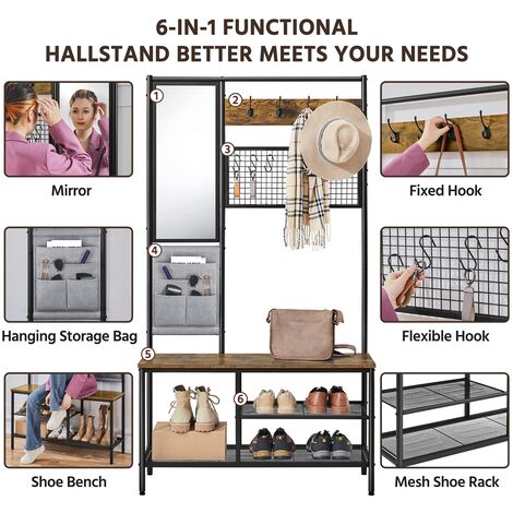 Yaheetech Six-in-one Hall Tree with Shoe Storage Bench/ Mirror/Storage Bag/Coat Rack/Hook, Rustic Brown