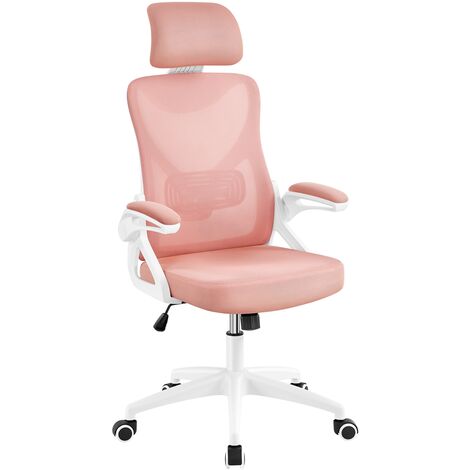 Yaheetech High Back Mesh Office Chair with 90 Flip up Armrest Adjustable Padded Headrest Customized Lumbar Support Cushioned Seat White Pink