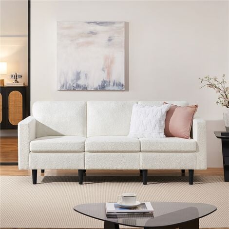 Yaheetech Contemporary 3-Seater Sofa Linen Fabric Upholstered Couch Sofa, Ivory