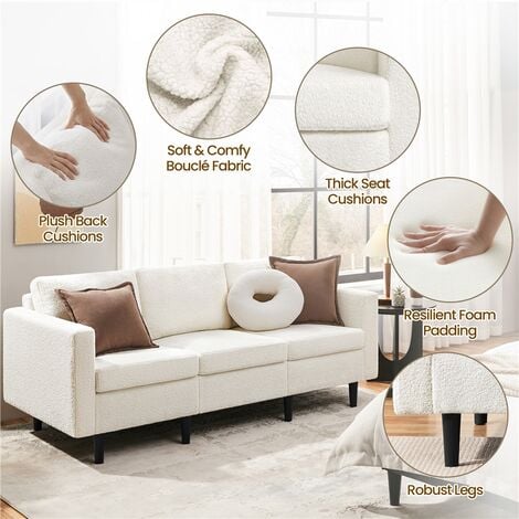 Yaheetech Contemporary 3-Seater Sofa Linen Fabric Upholstered Couch Sofa, Ivory