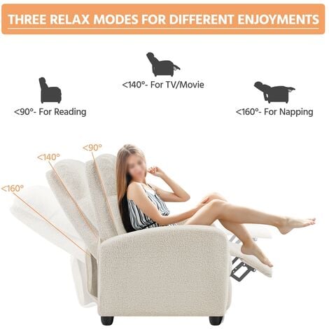 Yaheetech Upholstered Boucle Recliner Sofa Adjustable Reclining Chair, Ivory