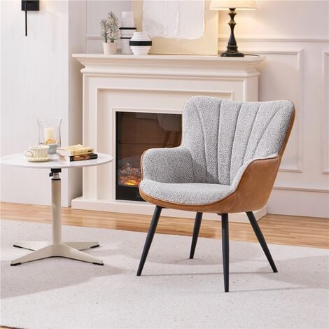 Yaheetech Modern Pleated Curved Back Boucle Fabric and Faux Leather Accent Chair Side Chair, Gray/Retro Brown