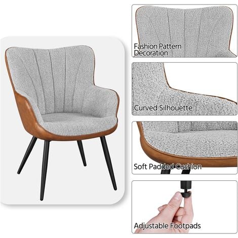 Yaheetech Modern Pleated Curved Back Boucle Fabric and Faux Leather Accent Chair Side Chair, Gray/Retro Brown
