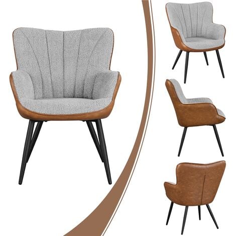 Yaheetech Modern Pleated Curved Back Boucle Fabric and Faux Leather Accent Chair Side Chair, Gray/Retro Brown
