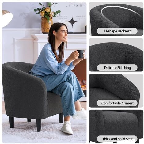 Yaheetech Boucle Club Chair Accent Barrel Chair Upholstered Arm Chair, Dark Gray